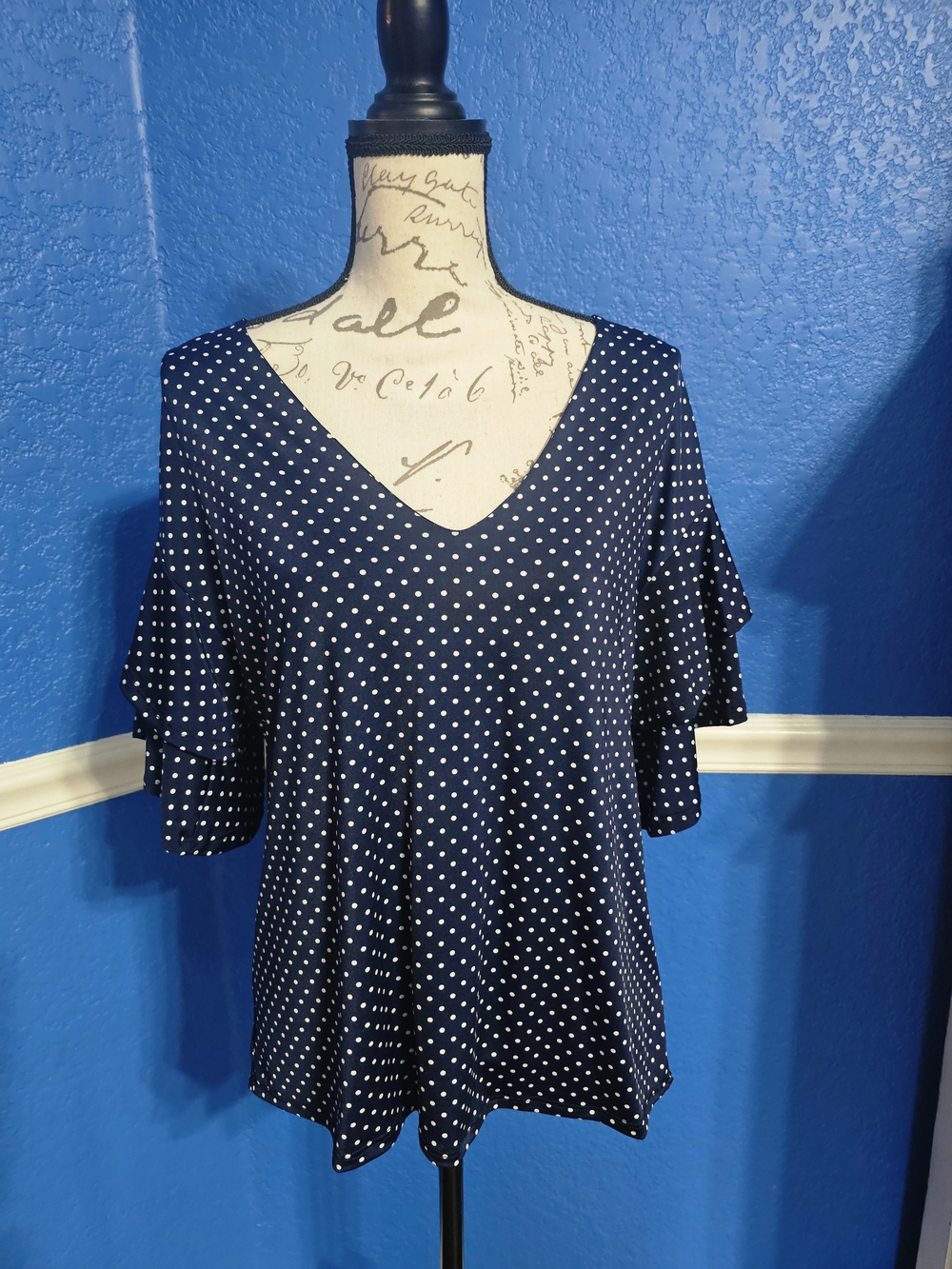 Melissa Masse Navy Polka Dot V-Neck Ruffle Sleeve Blouse